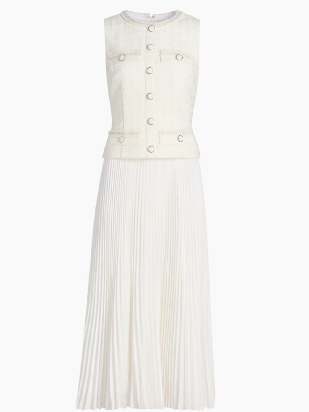 MILLY Pleated Bouclé Mixed-Media Midi Dress White Size 8 (NWOT)